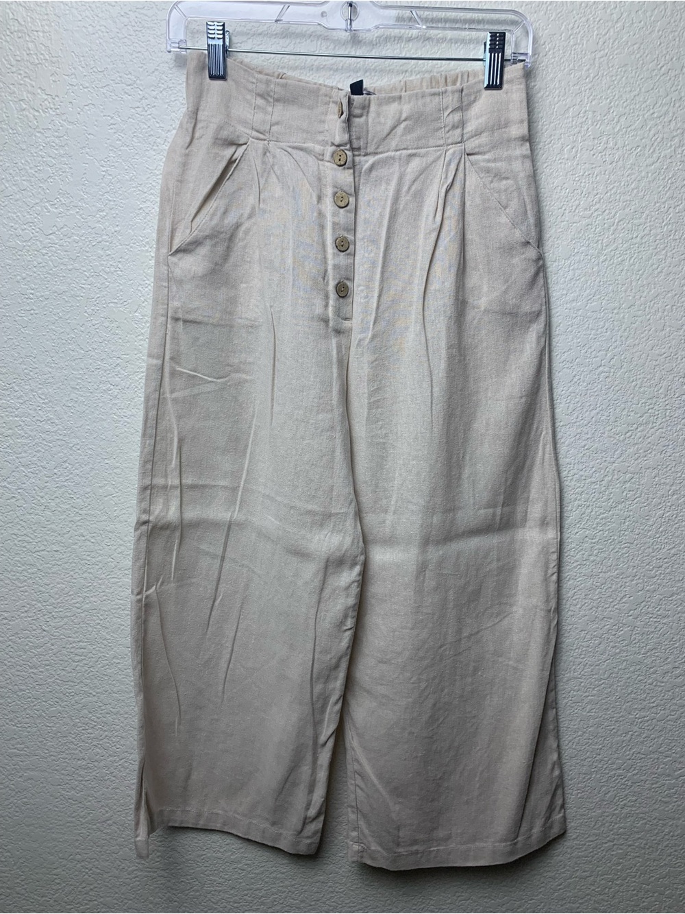 Linen Wide Leg Trousers High Waisted Button Front Pleated Crop Pants